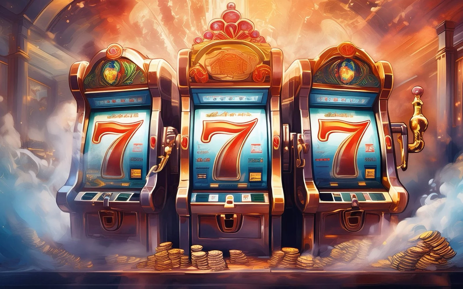 Layar slot digital dengan susunan reel dan simbol permainan